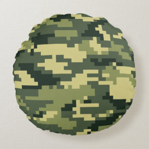8 Bit Pixel Digital Woodland Camouflage / Camo Round Pillow