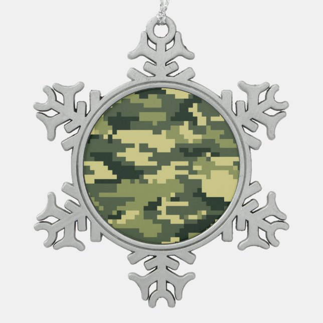 8 Bit Pixel Digital Woodland Camouflage / Camo Snowflake Pewter Christmas Ornament (Front)