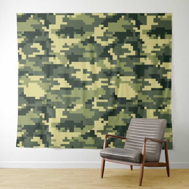 8 Bit Pixel Digital Woodland Camouflage / Camo Tapestry (In Situ (Horizontal))