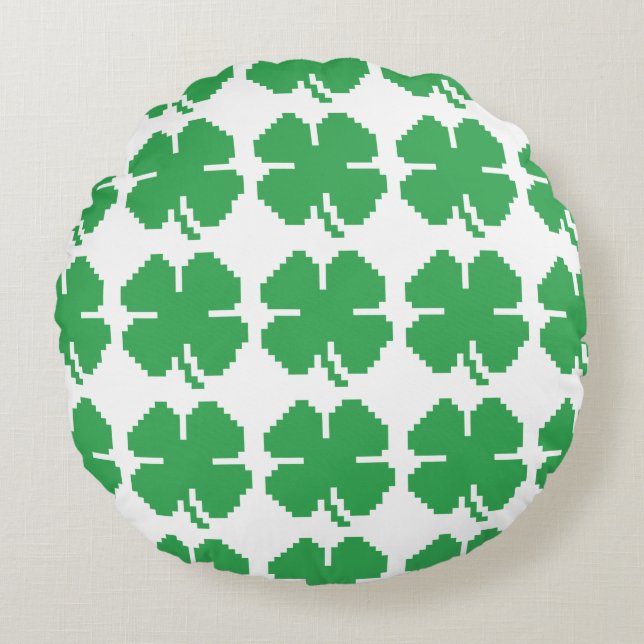 8 Bit Pixel Lucky Four Leaf Clover Round Pillow (Front)
