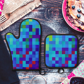 8-bit Pixel Pattern Abstract Cool Geeky Blue Red Oven Mitt & Pot Holder Set