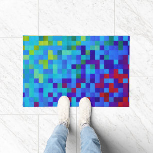 8-bit Pixel Pattern Vibrant Bright Geeky Blue Red Doormat