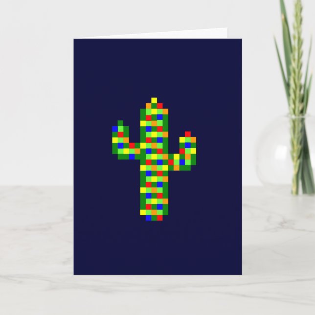 8-bit Saguaro Christmas Lights Holiday Card (Front)