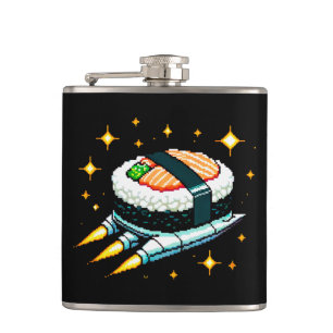8-Bit Space Sushi Adventure - Cosmic Cuisine Art Hip Flask