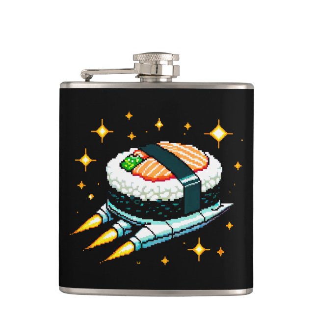 8-Bit Space Sushi Adventure - Cosmic Cuisine Art Hip Flask (Front)