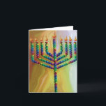8 Days Of chanukah Holiday Card<br><div class="desc">A beautiful Chanukah (Hanukkah) card with matching postage stamps and envelope. A brightly coloured menorah with green, blue, yellow and bright pink candles against a golden background.</div>