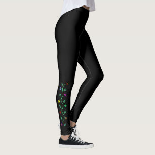 8 Different Colour Flowers ~ Green Vine Background Leggings