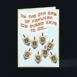 8 Dreidels Holiday Card<br><div class="desc">Wait a minute here... I don't remember dreidels in the Twelve Days of Christmas!
Well maybe there should be. This is a funny card that's great for blended faith families. Happy Hanukkah!</div>