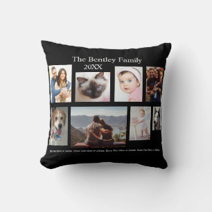 8 Family Photos, DIY Name & Year, Black Throw Pillow