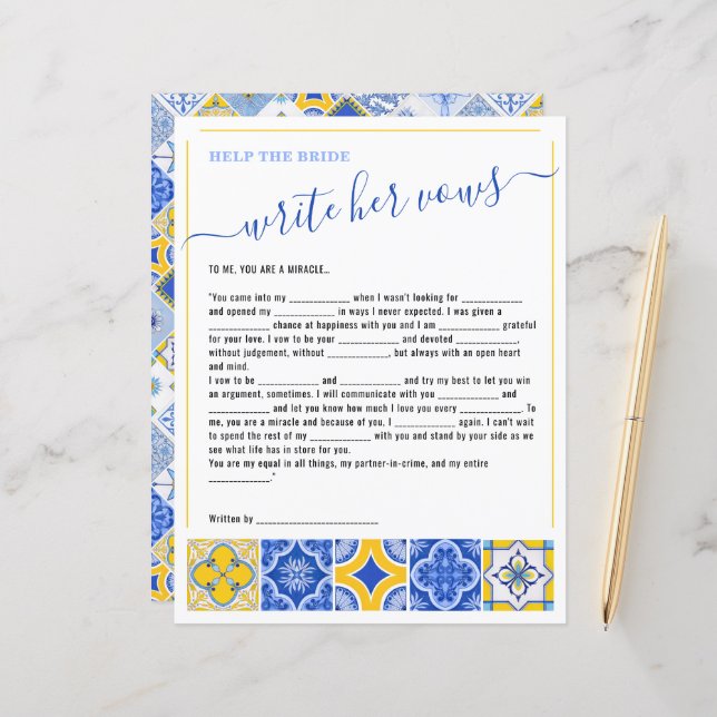 8 Help the Bride Write Her Vows Bridal Shower Game (Front/Back In Situ)