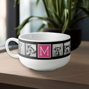 8 Instagram Photo Collage Custom Monogram Pink Soup Mug