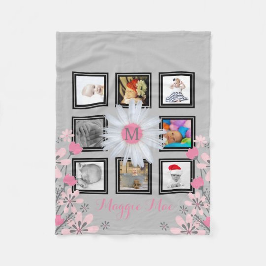 8 Instagram Photo Collage | Daisy Flower Monogram Fleece Blanket