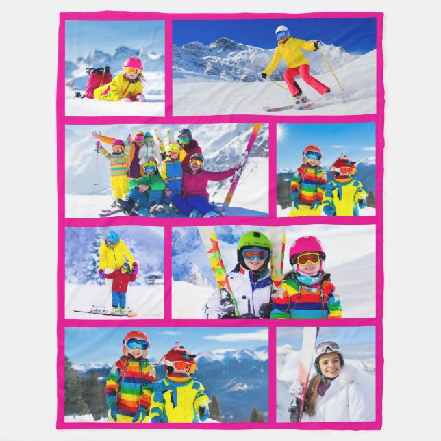 8 Mixed Size Photo Collage Hot Pink  Fleece Blanket (Front)