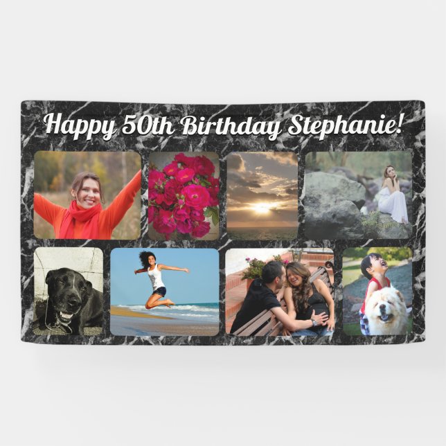 8 Photo Black Marble Collage Birthday Party Banner (Horizontal)