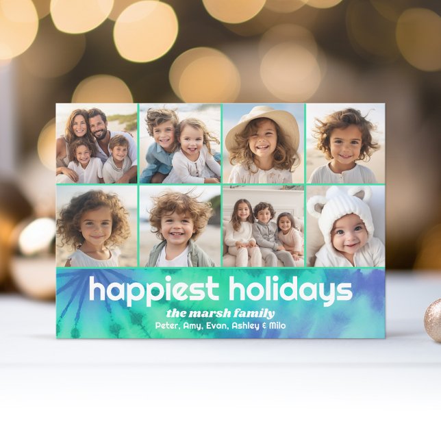 8 Photo Border - Merry Christmas - Tie-Dye Teal Holiday Card (A funky tie dye design with 8 Christmas photos. Online and download options available.)