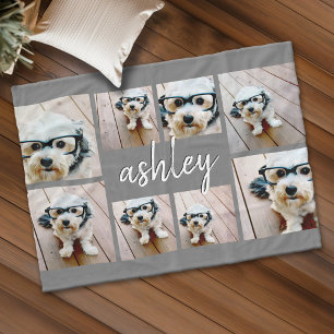 8 Photo Collage Add Your Name Calligraphy Grey Fleece Blanket