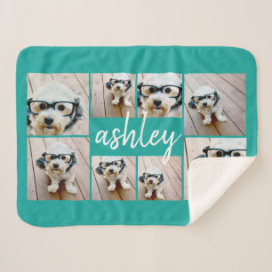 8 Photo Collage and Handwritten Name blue Sherpa Blanket