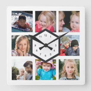 8 Photo Collage blanc Carré Horloge murale