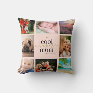 8 Photo Collage Blush Pink and Gold Cool Super Mom Throw Pillow