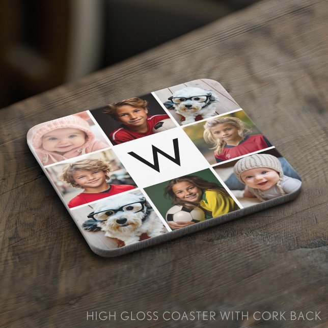 8 Photo Collage Custom Monogram Black and White Coaster (Custom Coaster)