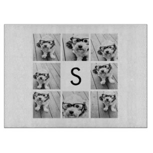 8 Photo Collage Custom Monogram Black and White Cutting Board