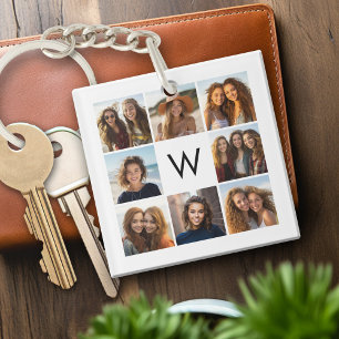 8 Photo Collage Custom Monogram Black and White Keychain