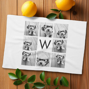 8 Photo Collage Custom Monogram Black and White Kitchen Towel