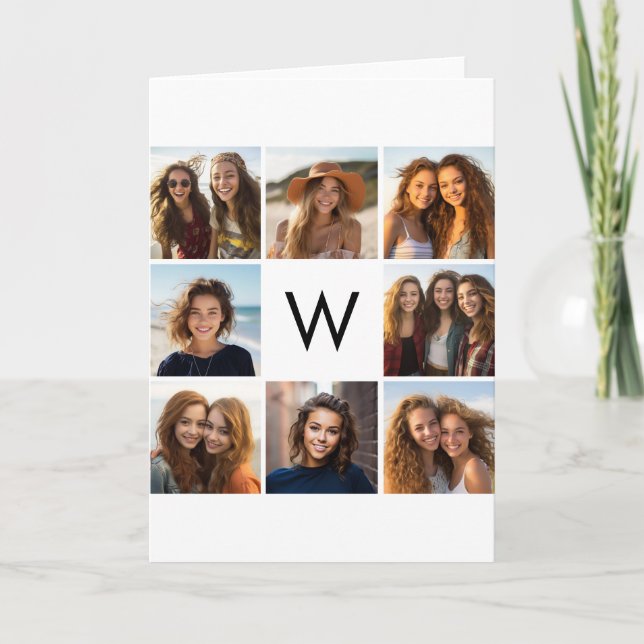 8 Photo Collage Custom Monogram Black and White Note Card (Front)