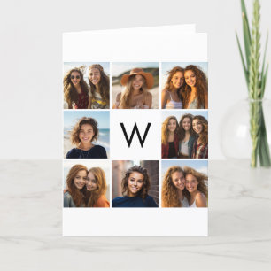 8 Photo Collage Custom Monogram Black and White Note Card