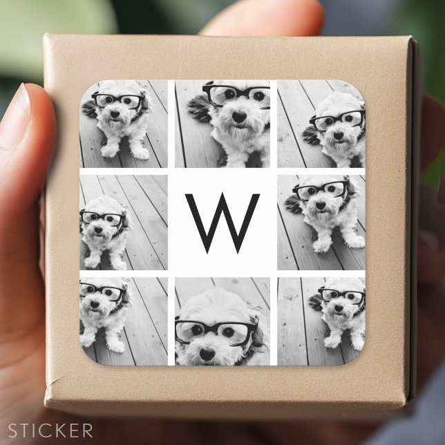 8 Photo Collage Custom Monogram Black and White Square Sticker (Custom Sticker - Personalize with your info for a party favor or gift)