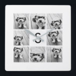 8 Photo Collage Custom Monogram Black and White Square Wall Clock<br><div class="desc">You can use Instagram photos for this design. Use 8 square photos to create a unique and personal gift. Or you can keep the hipster puppy and make a trendy keepsake. If you need to adjust the pictures,  click on the customize tool to make changes.</div>