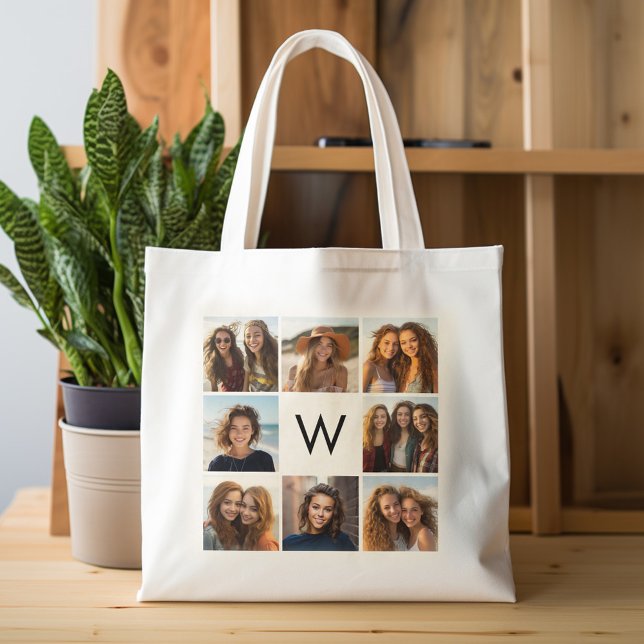 8 Photo Collage Custom Monogram Black and White Tote Bag (Personalized tote bag with photos and monogram)
