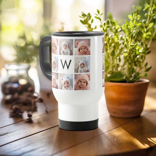 8 Photo Collage Custom Monogram Black and White Travel Mug (Personalized travel mug - add photos and text or customize completely)