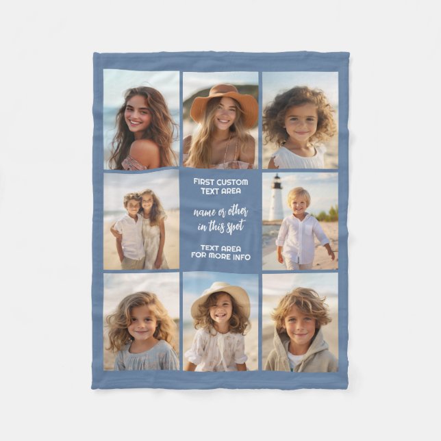 8 Photo Collage Custom Text - Denim Blue Fleece Blanket (Front)