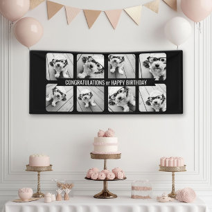 8 Photo Collage - Custom Text Ribbon - Black White Banner