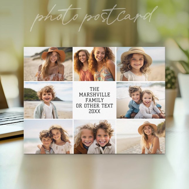 8 Photo Collage - Custom Text - White Background Postcard (Photo Postcard that You Can Customize with your favorite photos - Modern, minimal design)