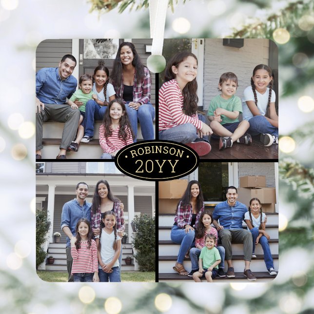 8 Photo Collage Family Name Elegant Black and Gold Metal Ornament (Creator Uploaded)