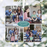 8 Photo Collage Family Name & Year Teal & White Metal Ornament<br><div class="desc">Celebrate the simple joys of the holidays with a custom 8 photo collage teal and white square metal ornament. Text on this template is simple to personalize and pictures can be different or the same on front and back (IMAGE PLACEMENT TIP: An easy way to centre a photo exactly how...</div>
