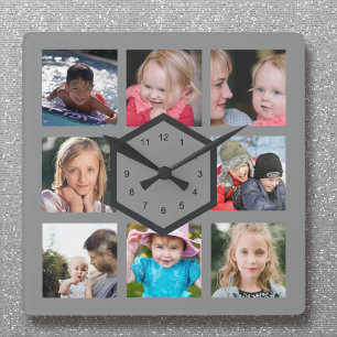 8 Photo Collage Grey Square Wall Clock