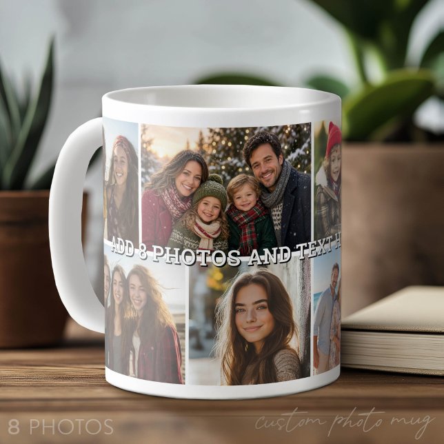 8 Photo Collage Grid - Custom Text  Coffee Mug (Photo Mug with Lots of Photos)