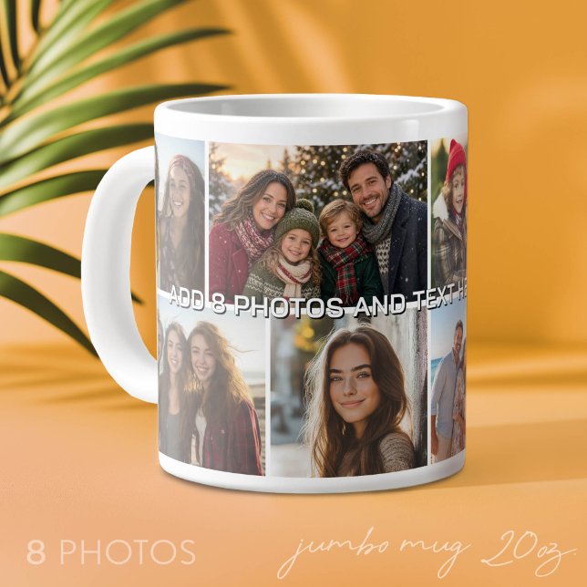 8 Photo Collage Grid - Custom Text Large Coffee Mug (Custom Photo Mug on a Jumbo Size Cup)