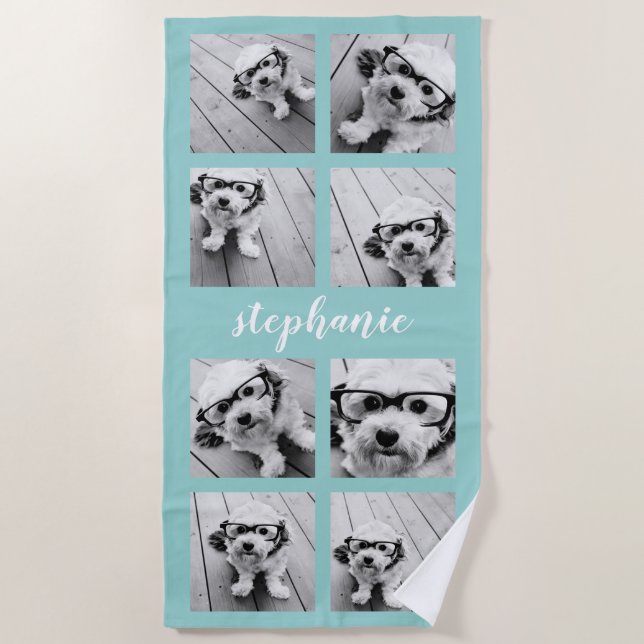 8 Photo Collage - Handwritten Name Pastel Blue Beach Towel (Front)