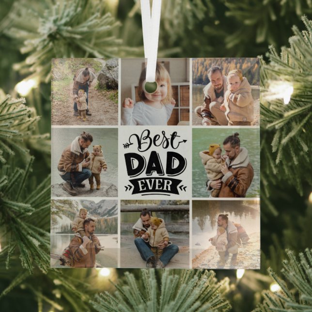 8 Photo Collage Happy Father's Day Best Dad Ever  Glass Ornament (Insitu)