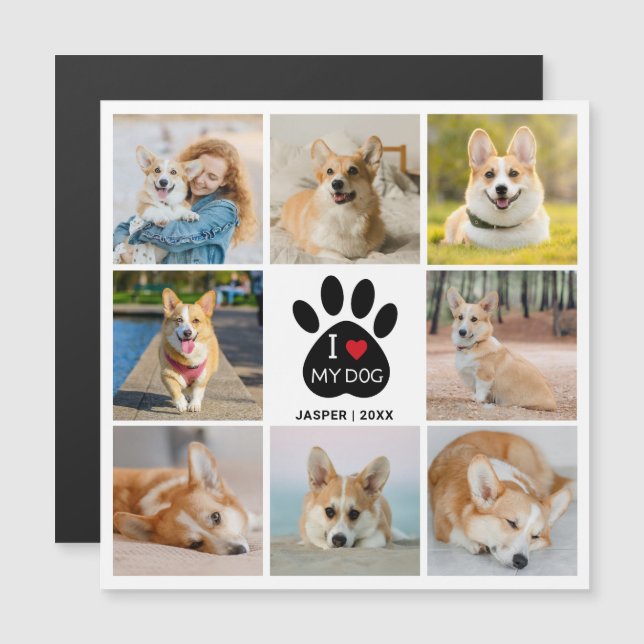 8 Photo Collage I Love My Dog Heart Magnetic Card (Front/Back)