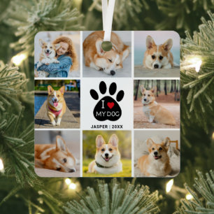 8 Photo Collage I Love My Dog Heart Paw Print  Metal Ornament