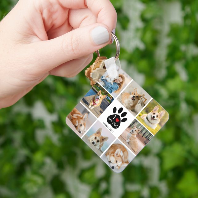 8 Photo Collage I Love My Dog Paw Print   Keychain (Hand)