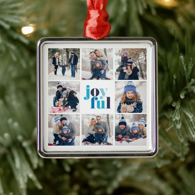8-Photo Collage "Joyful" Winter Blue Typography Metal Ornament (Tree)
