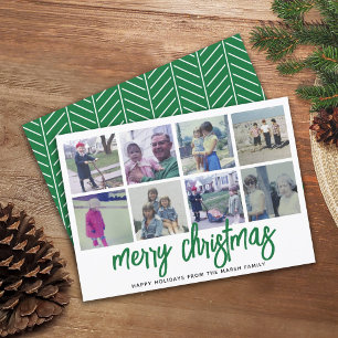 8 Photo Collage - Merry Christmas Green Pattern Holiday Card