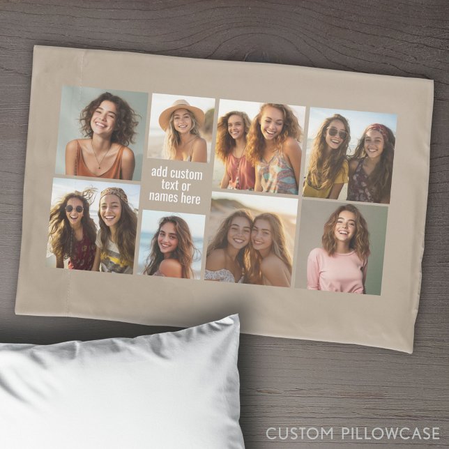 8 Photo Collage Minimalist - Taupe and White Grid Pillowcase (Create Your Own Photo Collage Pillowcase)