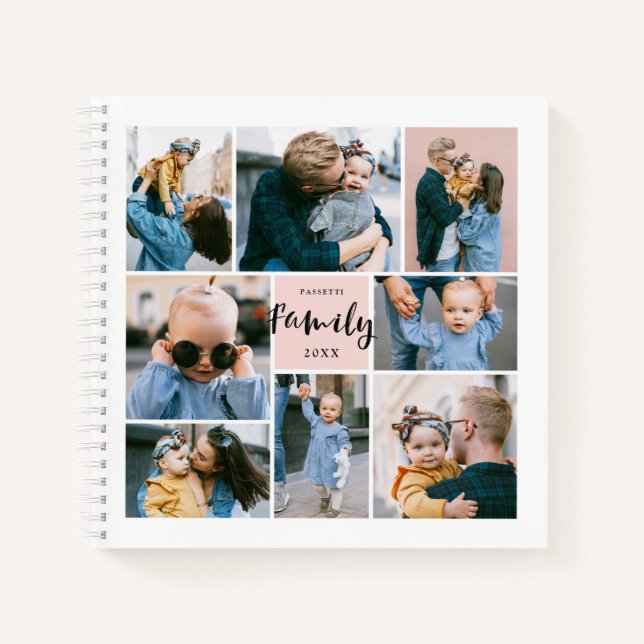8 Photo Collage Modern Family Personalized | Blush Notebook (Front)